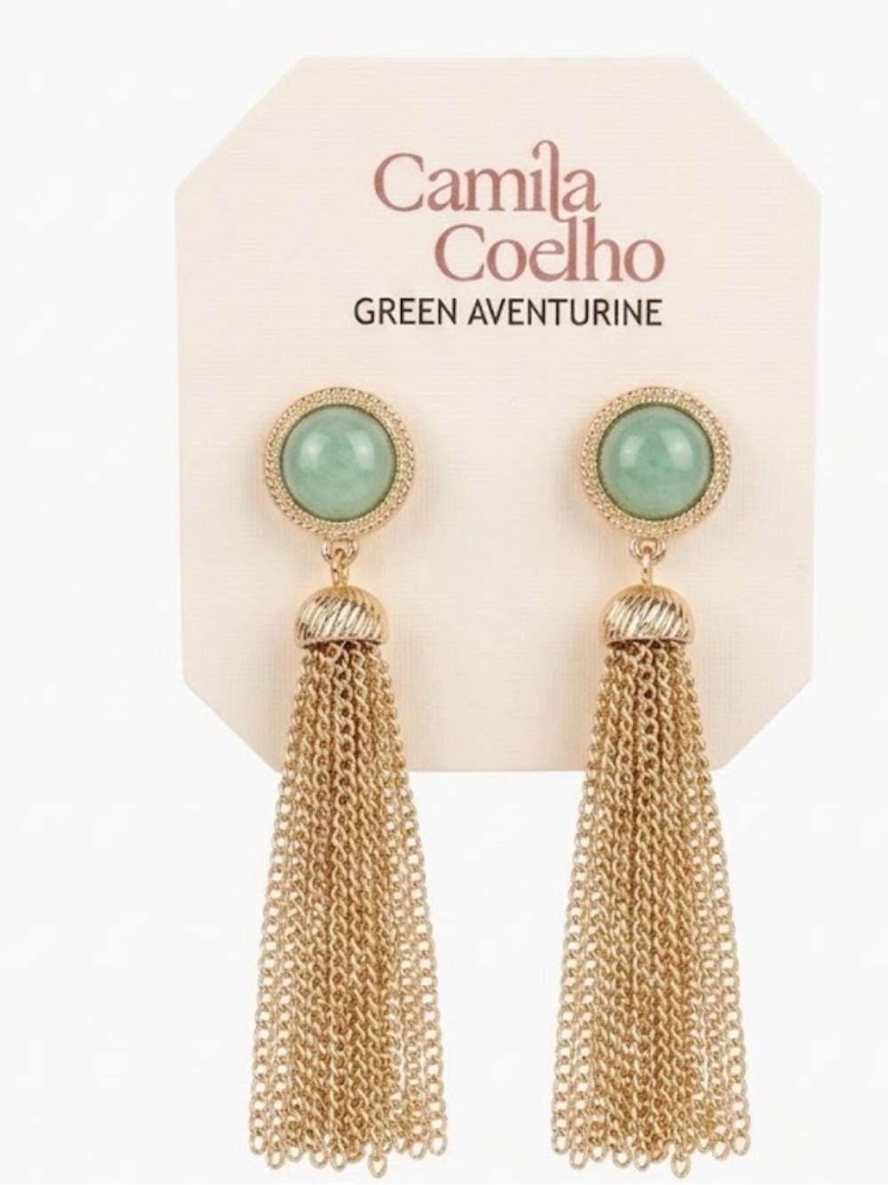 NWT ⚜️💚⚜️ CAMILA COELHO Green Aventurine Golden Toned Tassel Drop Earrings
